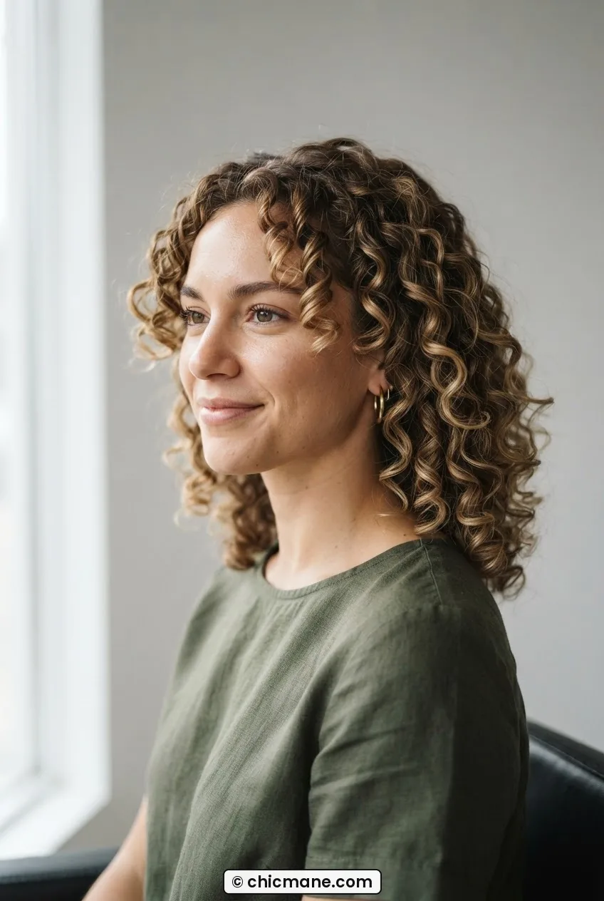 Woman with healthy defined 3A curls after a dusting trim with clean neat ends in soft grey light