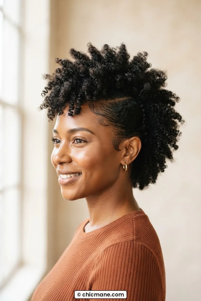 Woman with tight 3C coils styled into a frohawk with sides smoothed and crown expanded