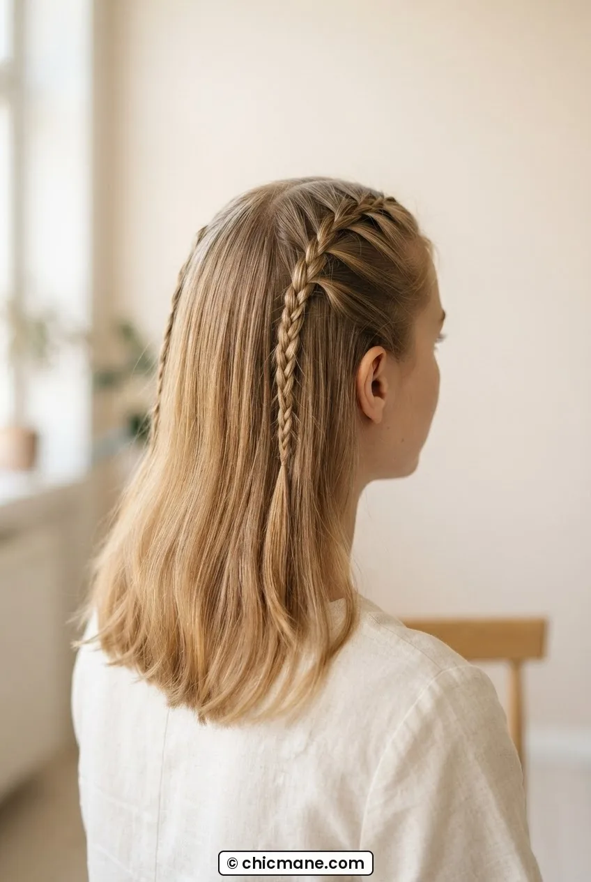 Woman with two small accent braids framing a center part, rest of fine hair left loose in diffused light