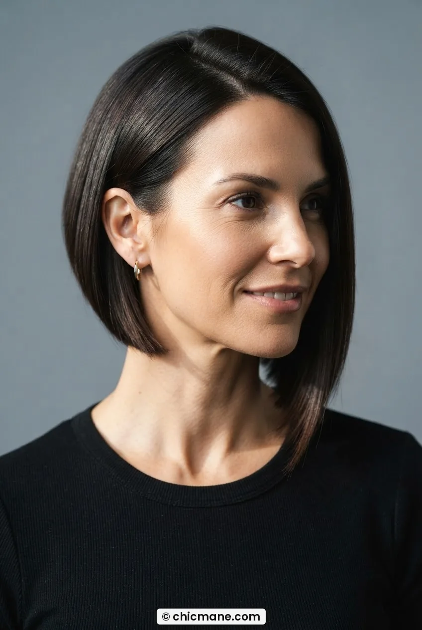 Woman with asymmetric bob showing longer piece angled toward chin against cool grey backdrop under sharp directional light