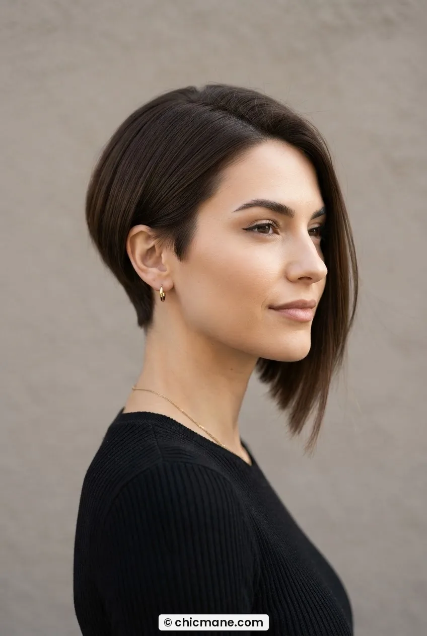 Woman with asymmetrical bob showing one side at the cheekbone and one side near the ear in warm taupe studio light