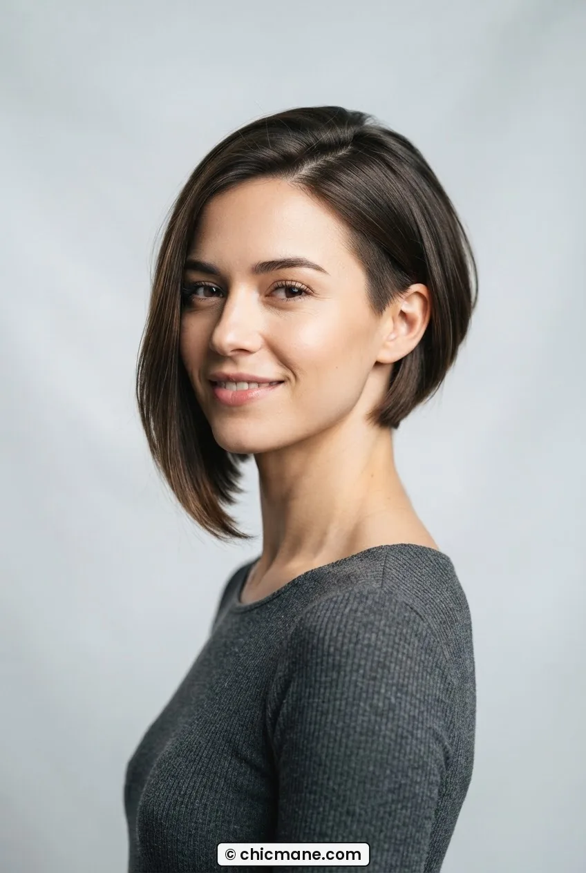 Woman with asymmetrical jaw-length bob one side longer draped over cheek shorter side revealing neck