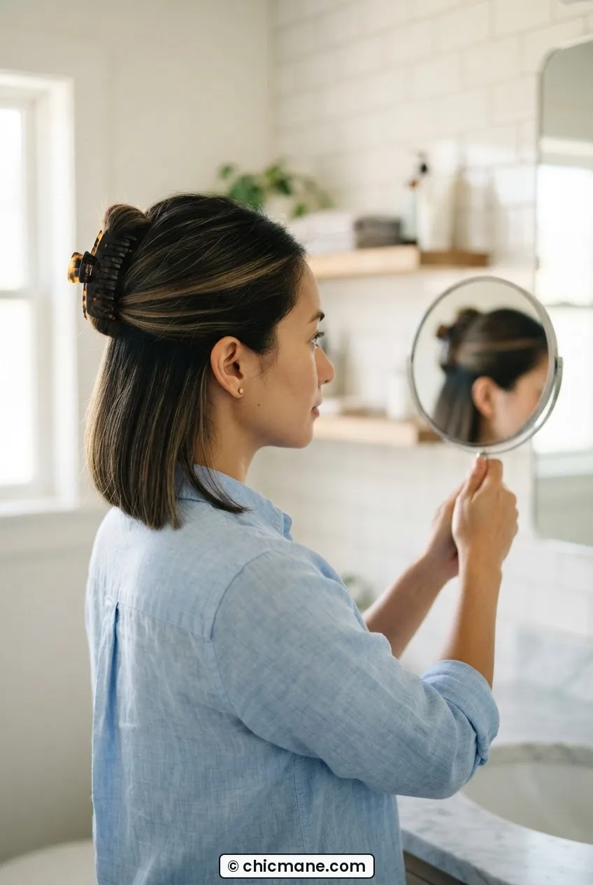 Woman in bathroom checking back of head with handheld mirror, upper back section clipped up with butterfly clip