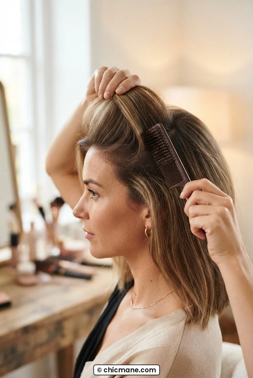 Woman lifting crown section at 45-degree angle while lightly backcombing underside at the root