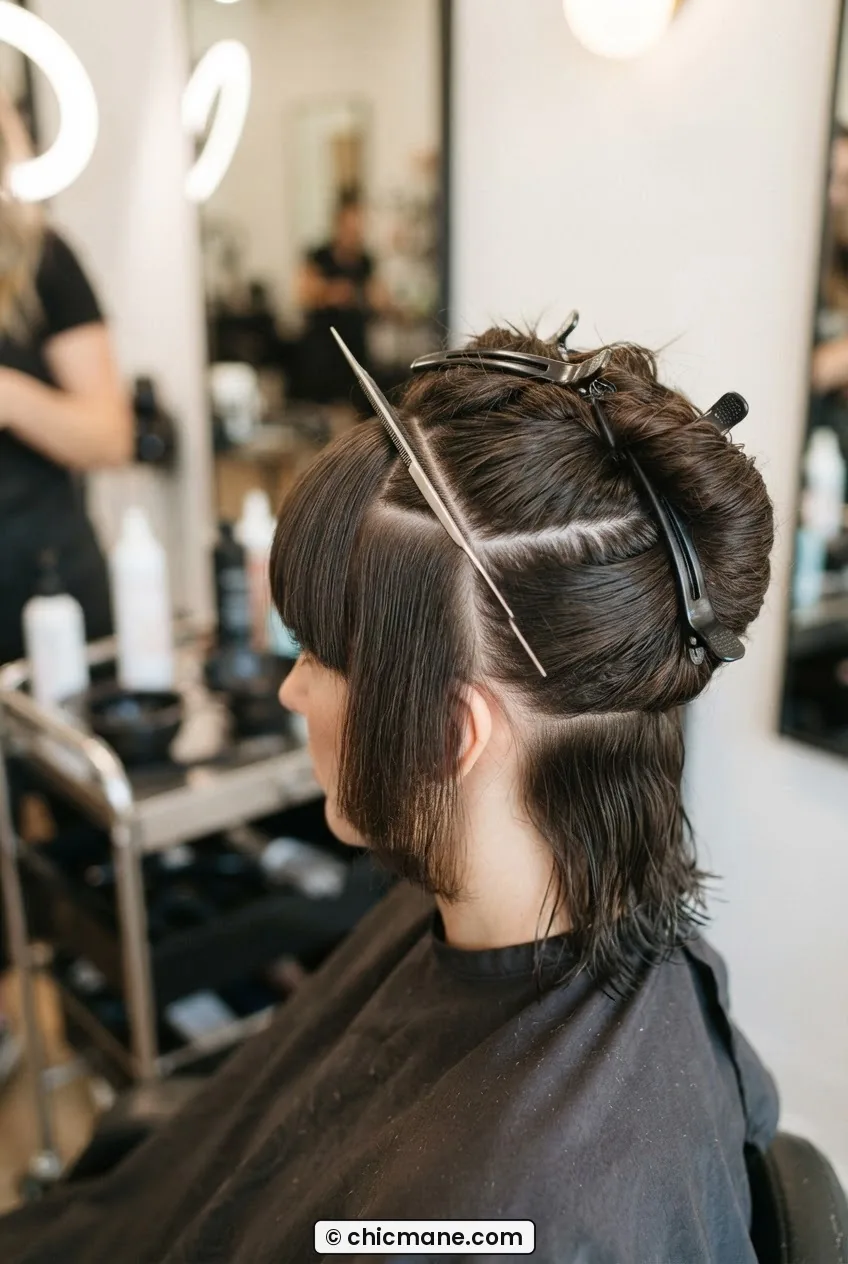 Woman at salon station with front bang panel separated and rest of hair clipped firmly away from face