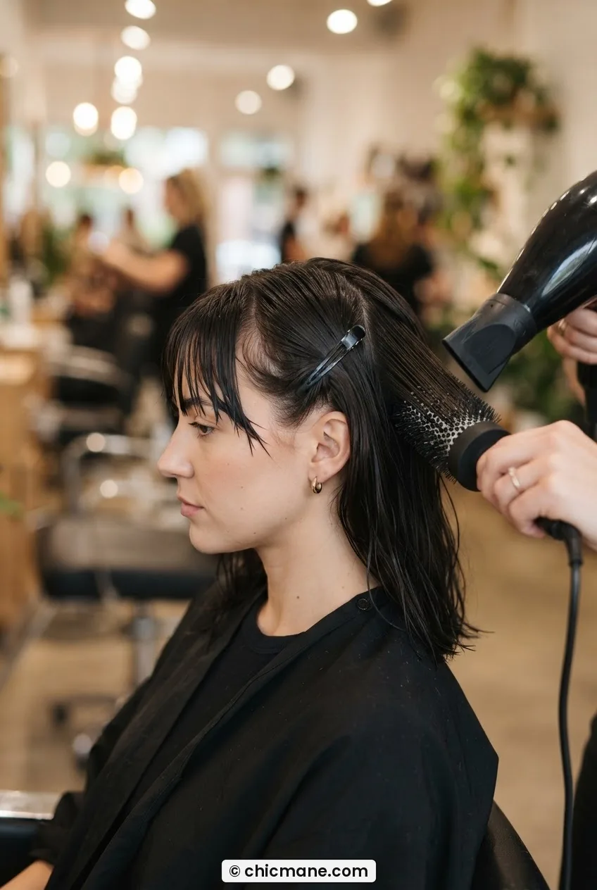 Woman in salon chair with fringe divided into three subsections being blow-dried individually with round brush