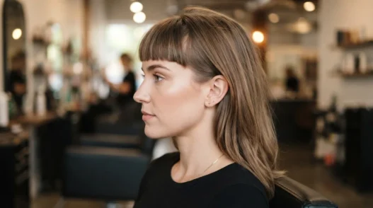Woman in salon chair with blunt fringe showing slight root crease before styling in warm morning light