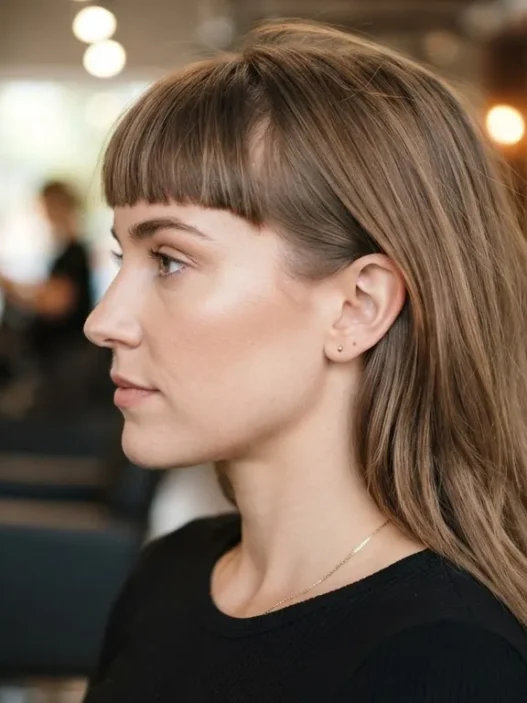 Woman in salon chair with blunt fringe showing slight root crease before styling in warm morning light