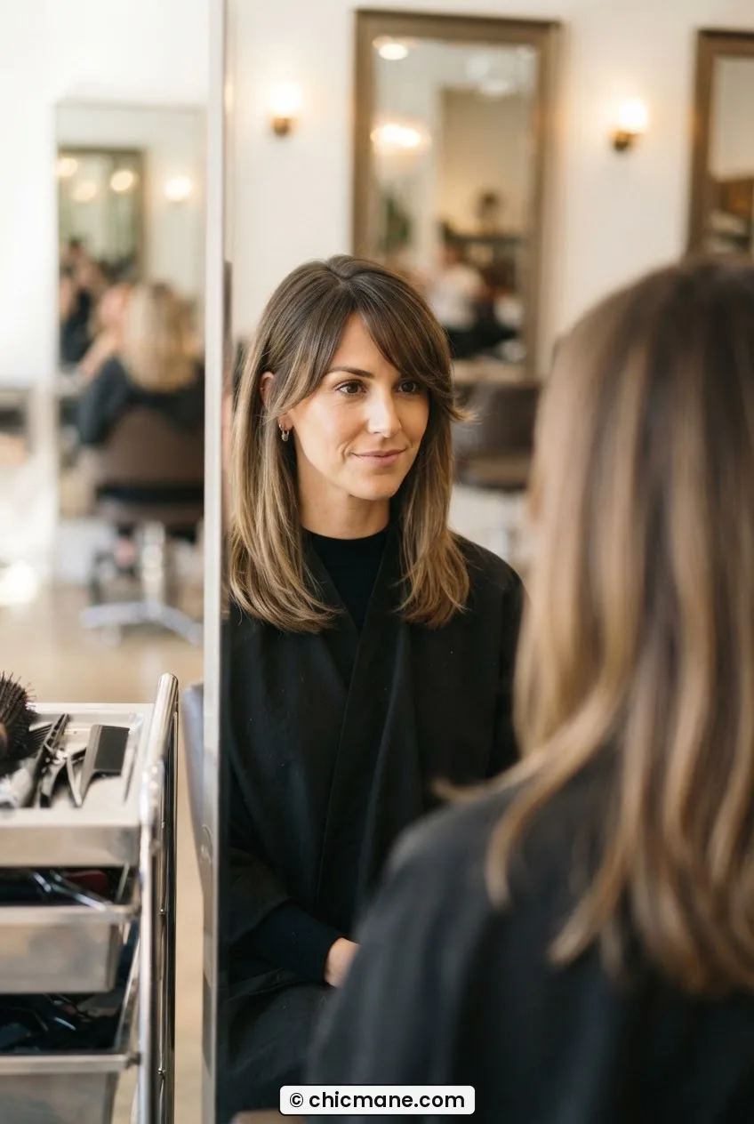 Woman at salon station with freshly cut bangs released and falling naturally into a side-parted position