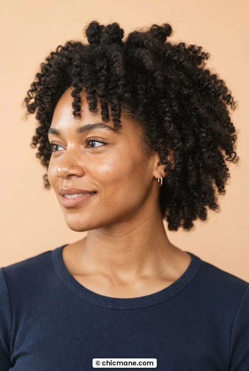 Woman with 4C natural hair wearing a Bantu knot-out with tight defined coil spirals against a warm peach backdrop