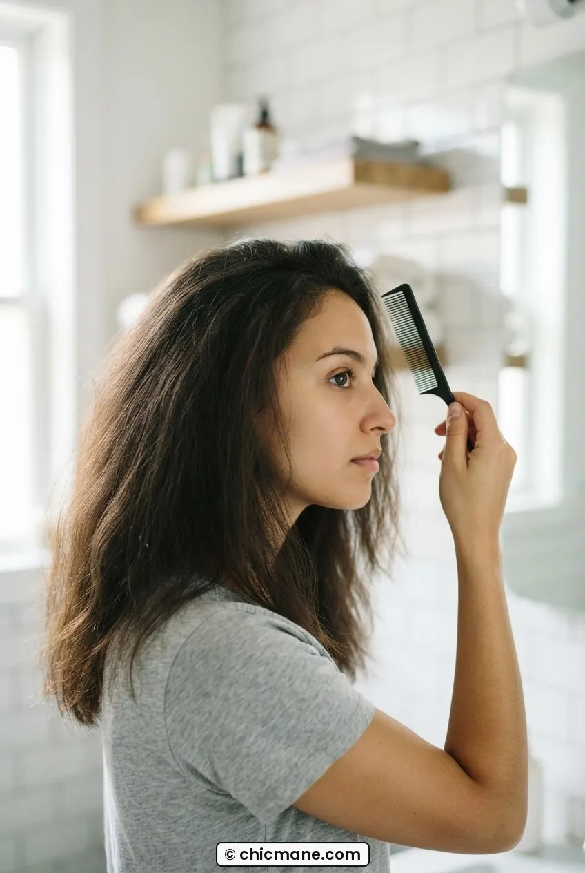 Woman in home bathroom holding a tail comb before beginning any hair sectioning, all hair loose