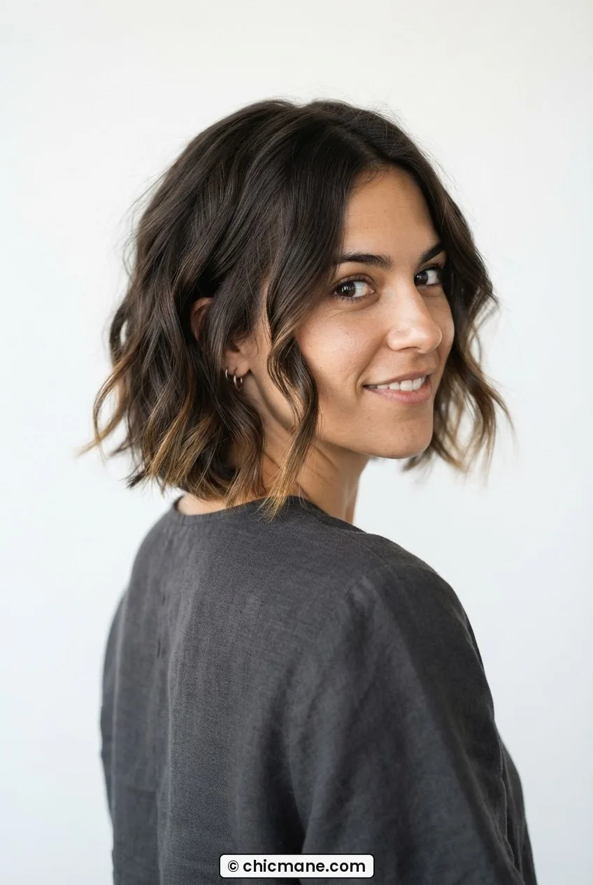 Woman with 2A wave bixie cut at jaw length showing strong face-framing pieces in bright soft side light