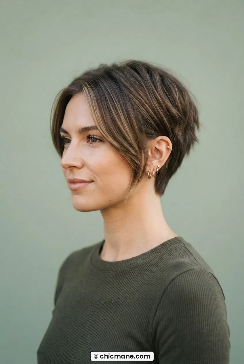 Woman with bixie cut showing pixie-length back with longer front pieces tucked behind one ear in sage studio light