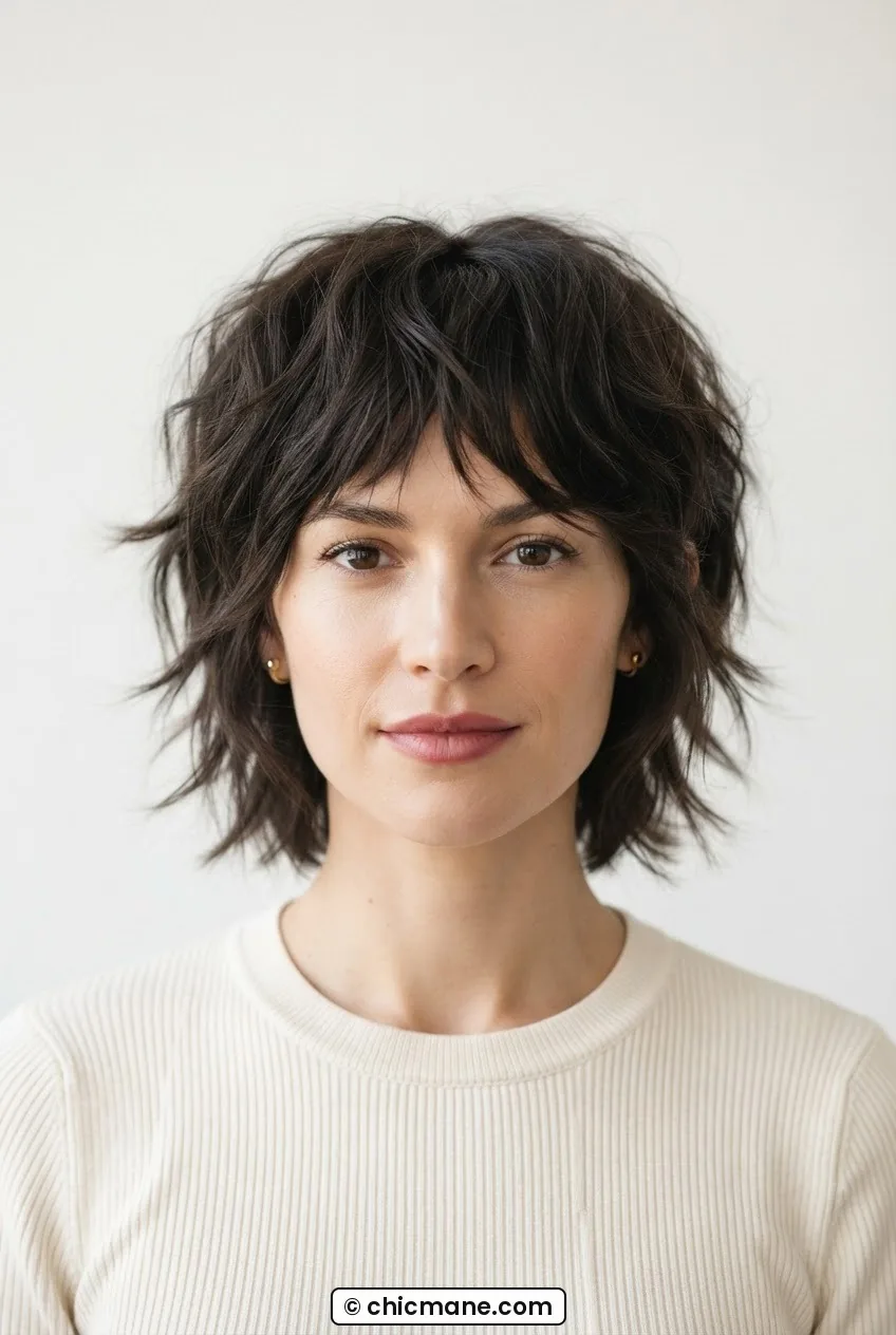 Woman with jaw-length bixie cut featuring disheveled textured layers and no defined perimeter