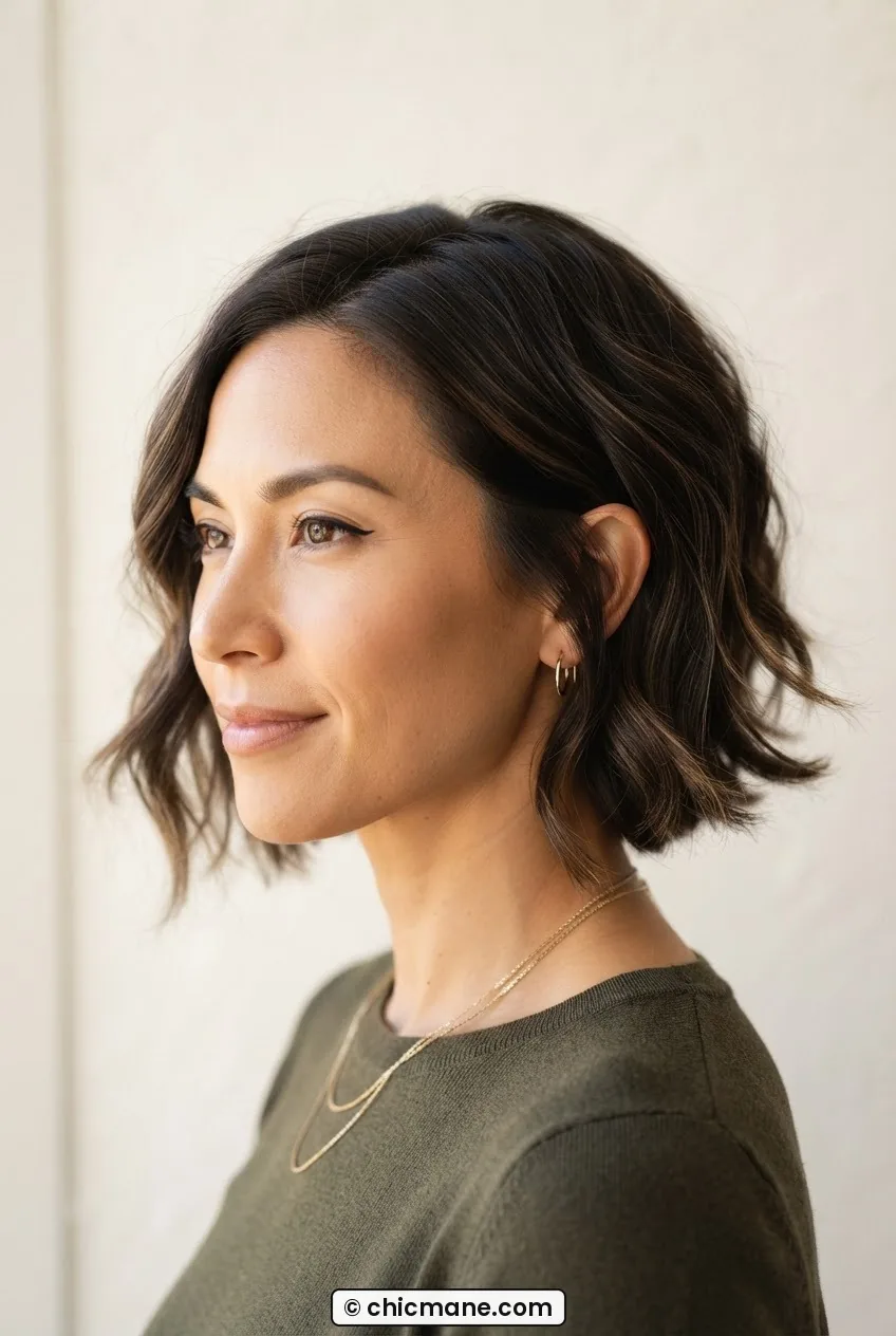 Woman with bixie cut featuring flicked tapered ends on 2B wavy hair against a warm white backdrop