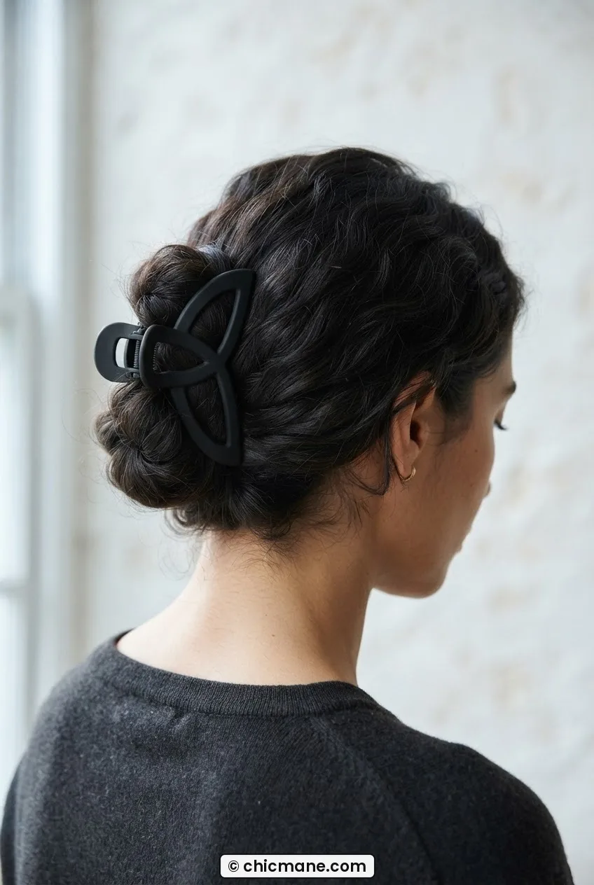 Woman wearing sculptural matte black clip in relaxed low bun updo, cool window light against pale wall