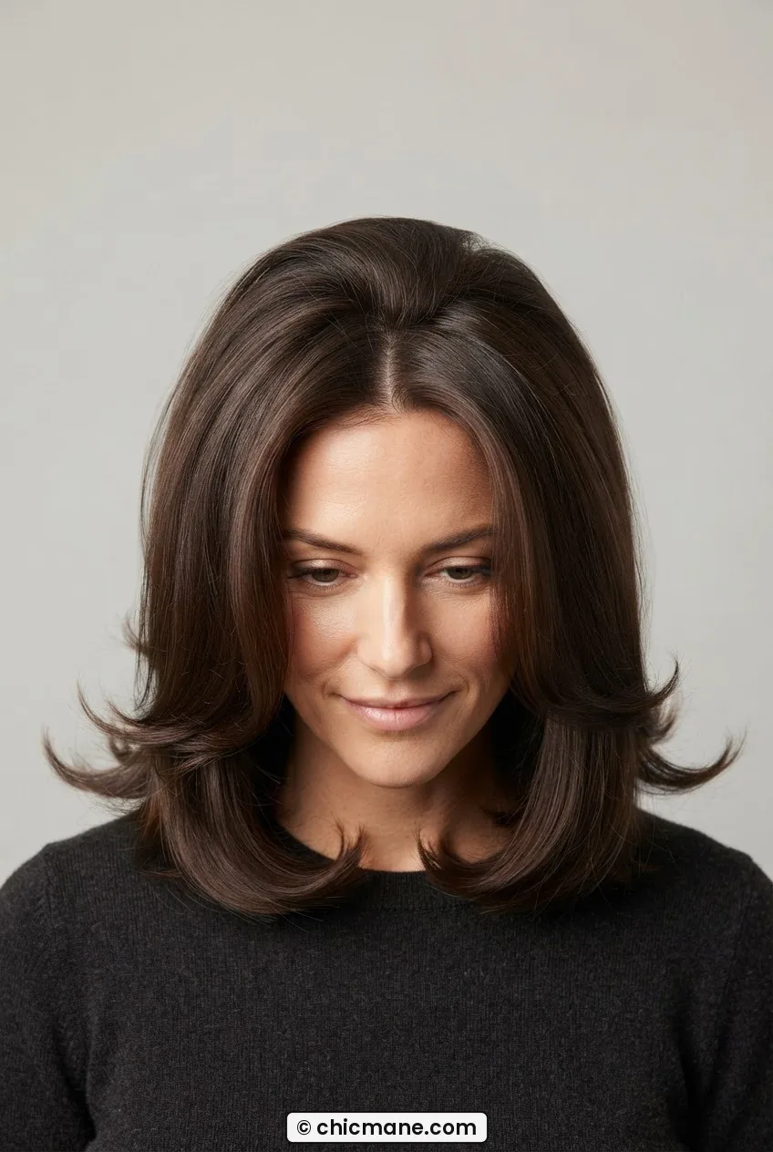 Overhead view of woman with voluminous blowout lob showing root lift and outward flare at jaw and collarbone