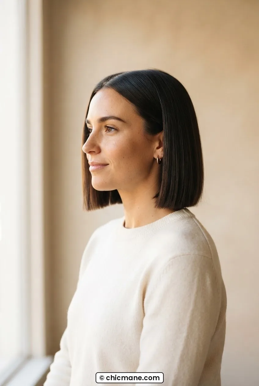 Woman with a blunt chin-length bob showing clean horizontal ends and polished fine-hair density