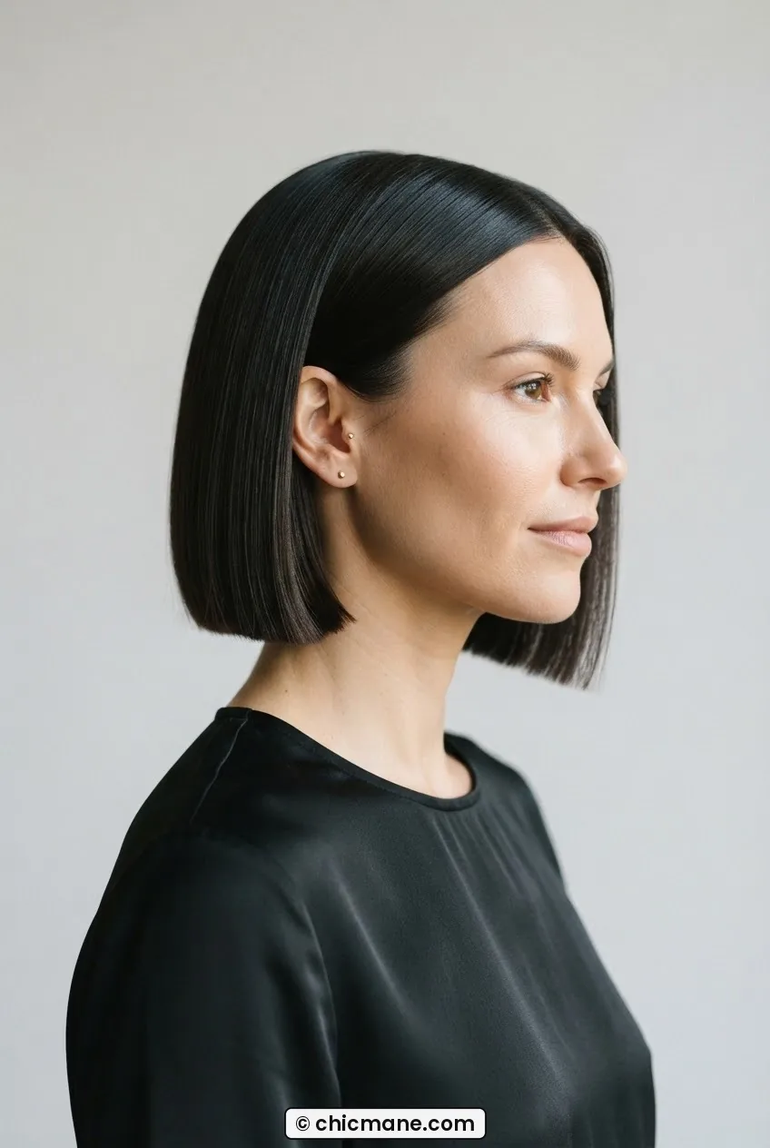 Woman with blunt chin-length bob showing perfectly even ends and glassy smooth texture in clean directional studio light