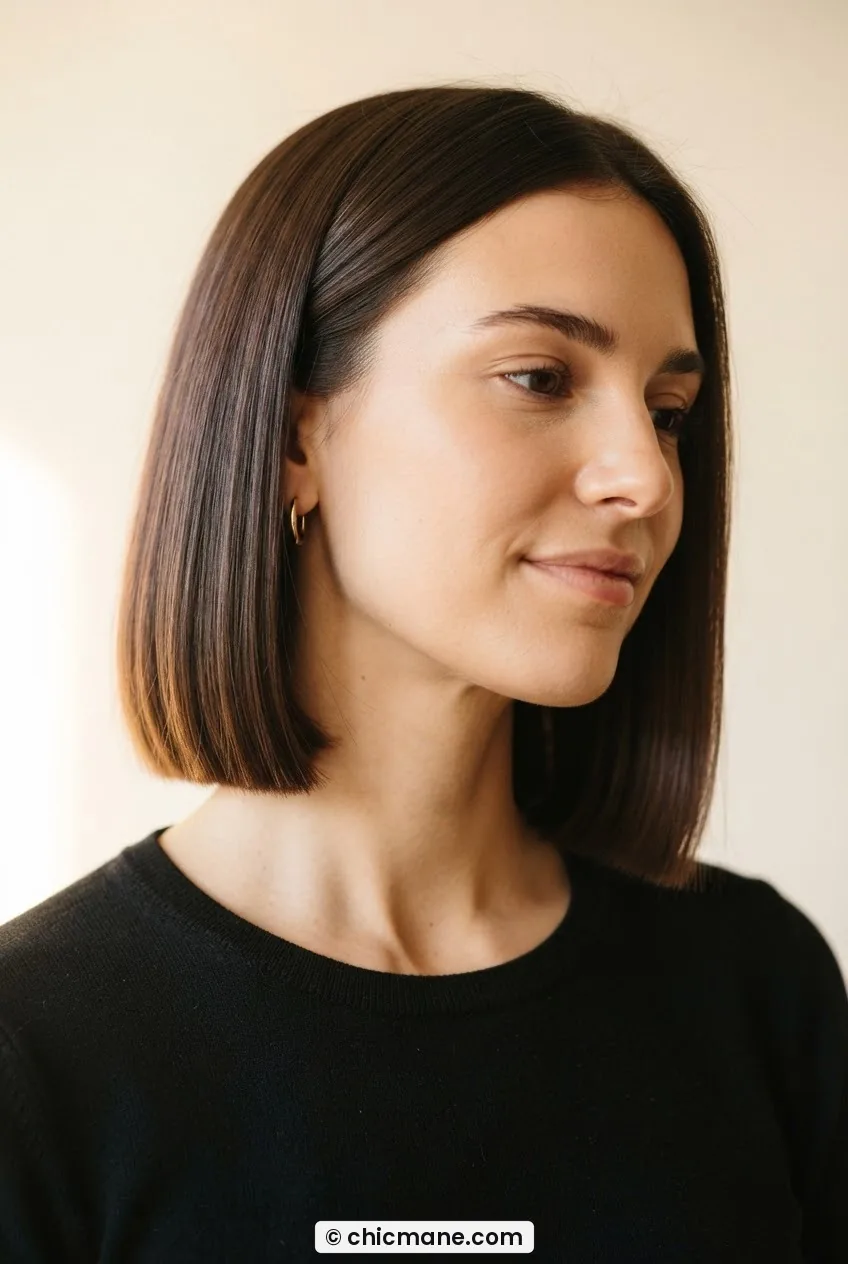 Woman with blunt collarbone-length cut showing a clean horizontal line at the ends, soft warm side light, three quarter view