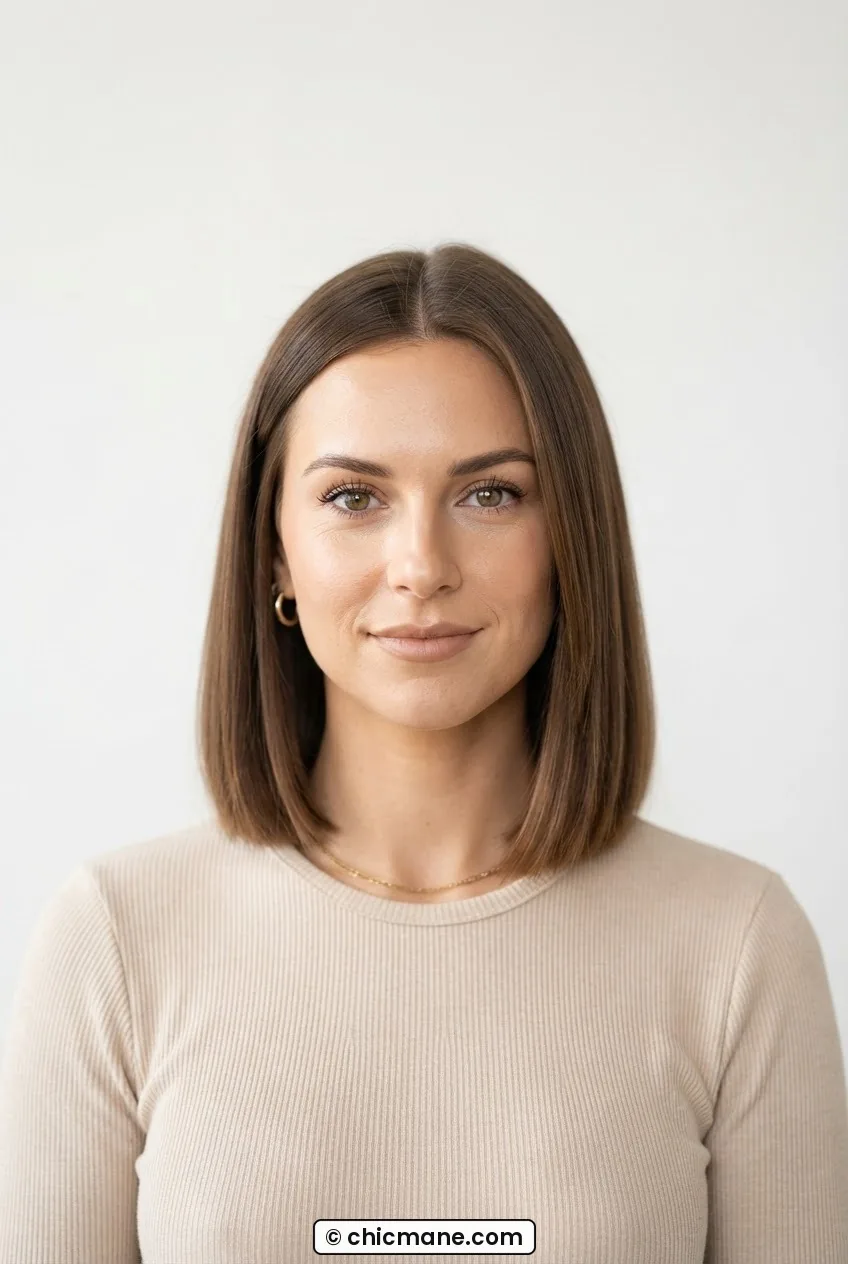 Woman with warm brunette blunt collarbone cut showing clean weight line and length grazing the collarbone