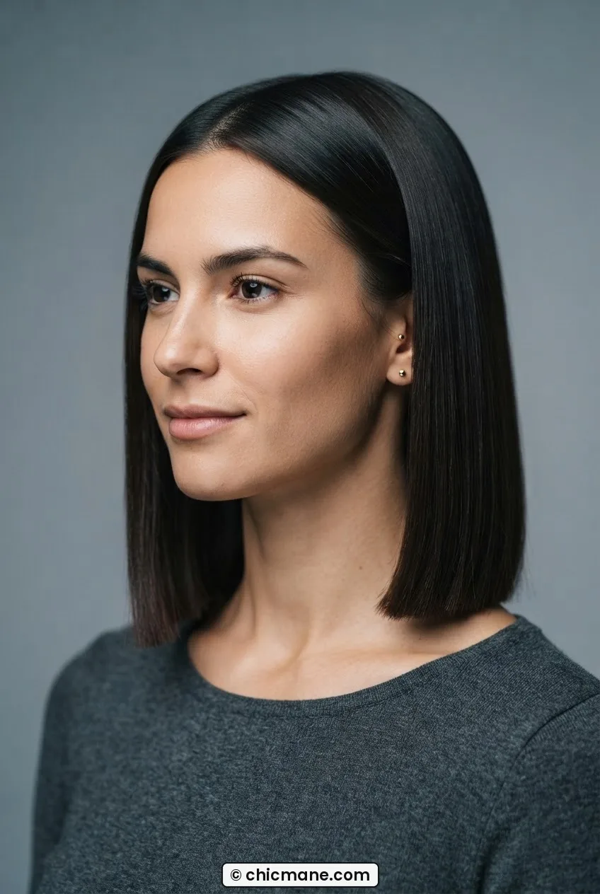 Woman with blunt collarbone-length lob styled very straight and sleek under crisp studio light against cool grey backdrop