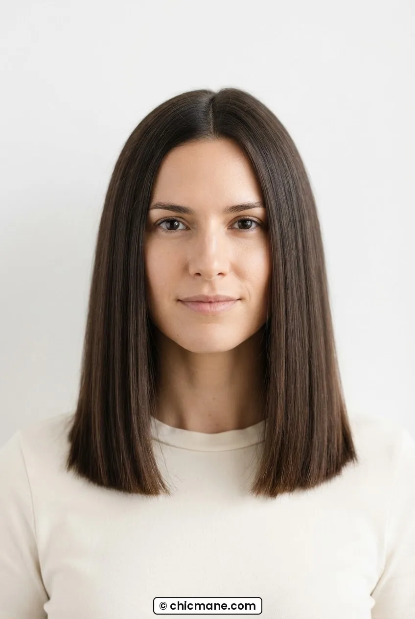 Woman with blunt collarbone-length lob on thick straight hair showing clean heavy hemline with no layers in beauty portrait