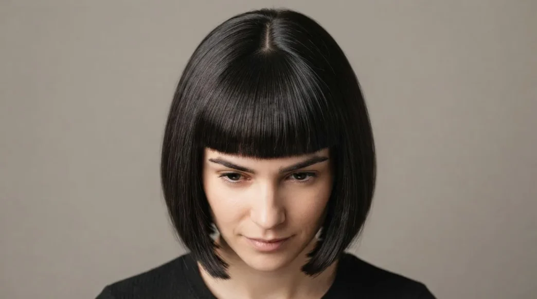 Woman with blunt full fringe and chin-length bob seen from overhead showing strong horizontal fringe line and round shape