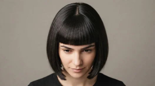 Woman with blunt full fringe and chin-length bob seen from overhead showing strong horizontal fringe line and round shape