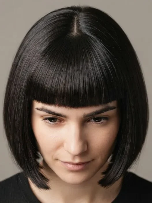 Woman with blunt full fringe and chin-length bob seen from overhead showing strong horizontal fringe line and round shape
