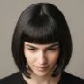 Woman with blunt full fringe and chin-length bob seen from overhead showing strong horizontal fringe line and round shape