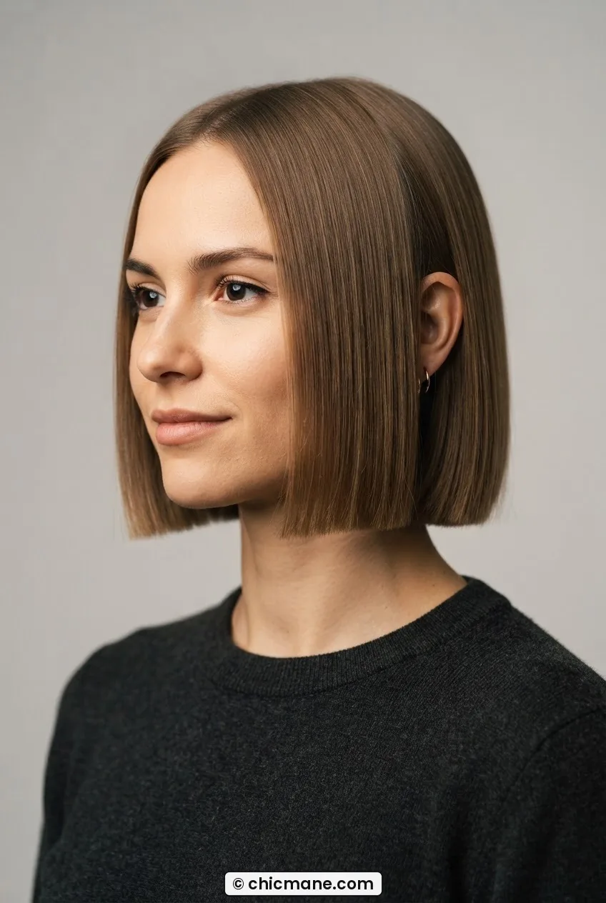 Woman with blunt jaw-length bob cut in clean horizontal line at jaw in three quarter view with warm studio light