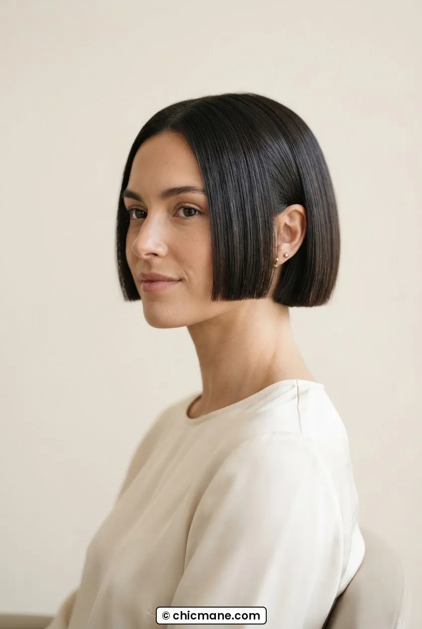 Woman with precise blunt micro bob sitting at ear level showing clean cut line and sleek polished finish