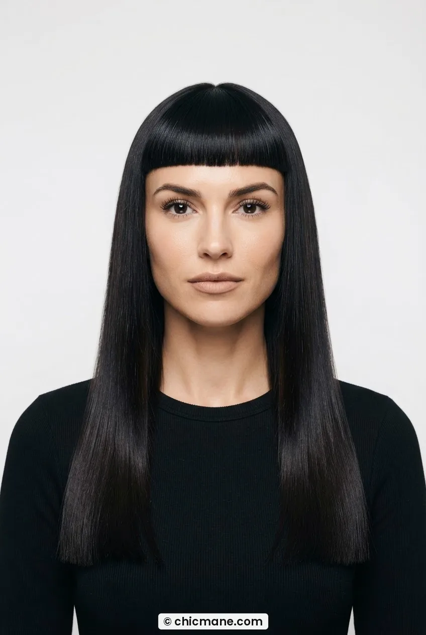 Woman with blunt eyebrow-grazing micro fringe and long straight dark hair creating graphic contrast