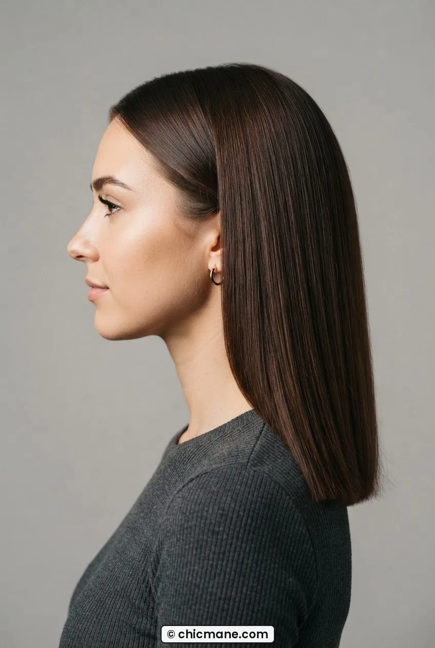 Woman with blunt midi-length chocolate brown hair at bra-strap length in one clean straight-across sweep