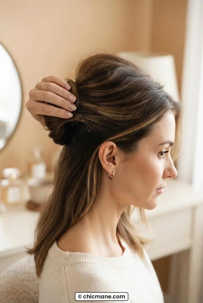 Close view of two bobby pins being slid in X formation into base of gathered half-up crown section