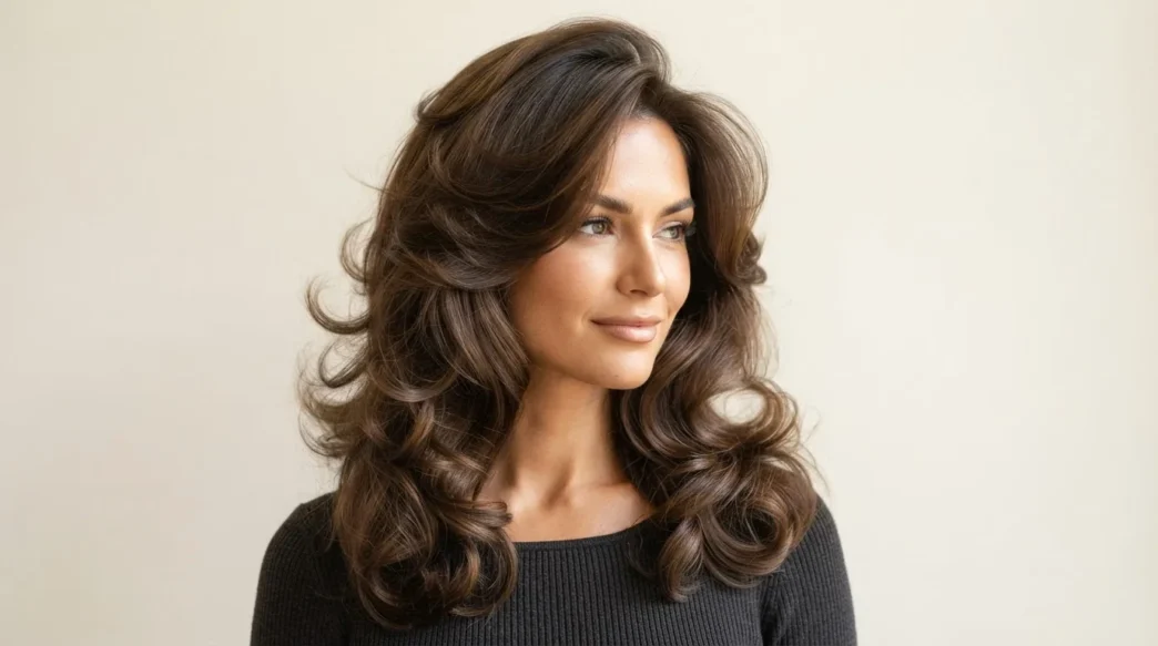 Woman with a full bouncy blowout showing glossy volume and movement against a cream backdrop in soft salon lighting
