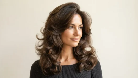 Woman with a full bouncy blowout showing glossy volume and movement against a cream backdrop in soft salon lighting