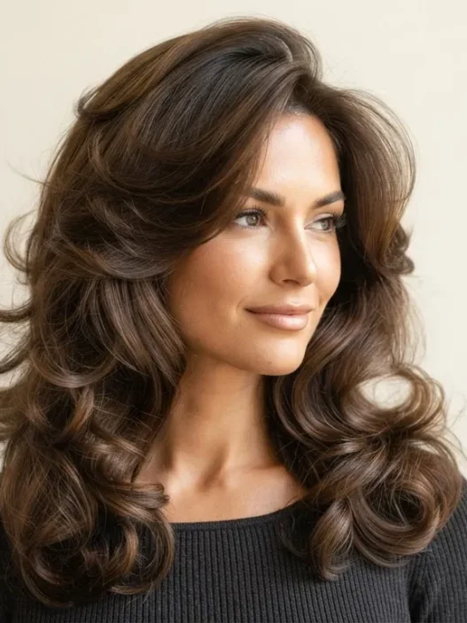 Woman with a full bouncy blowout showing glossy volume and movement against a cream backdrop in soft salon lighting
