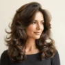 Woman with a full bouncy blowout showing glossy volume and movement against a cream backdrop in soft salon lighting