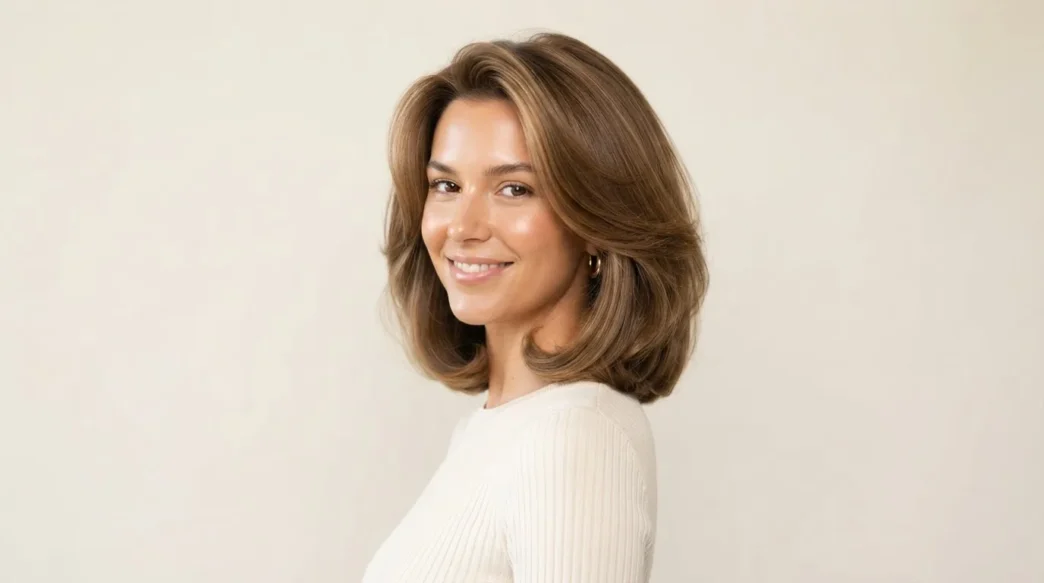 Woman with full bouncy collarbone-length lob blowout showing volume and glossy movement against cream backdrop