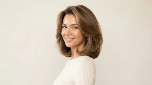 Woman with full bouncy collarbone-length lob blowout showing volume and glossy movement against cream backdrop