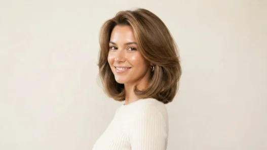 Woman with full bouncy collarbone-length lob blowout showing volume and glossy movement against cream backdrop