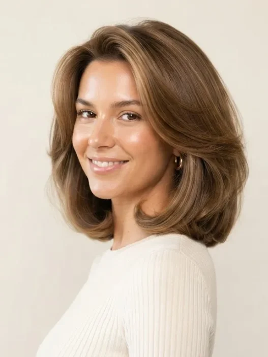 Woman with full bouncy collarbone-length lob blowout showing volume and glossy movement against cream backdrop