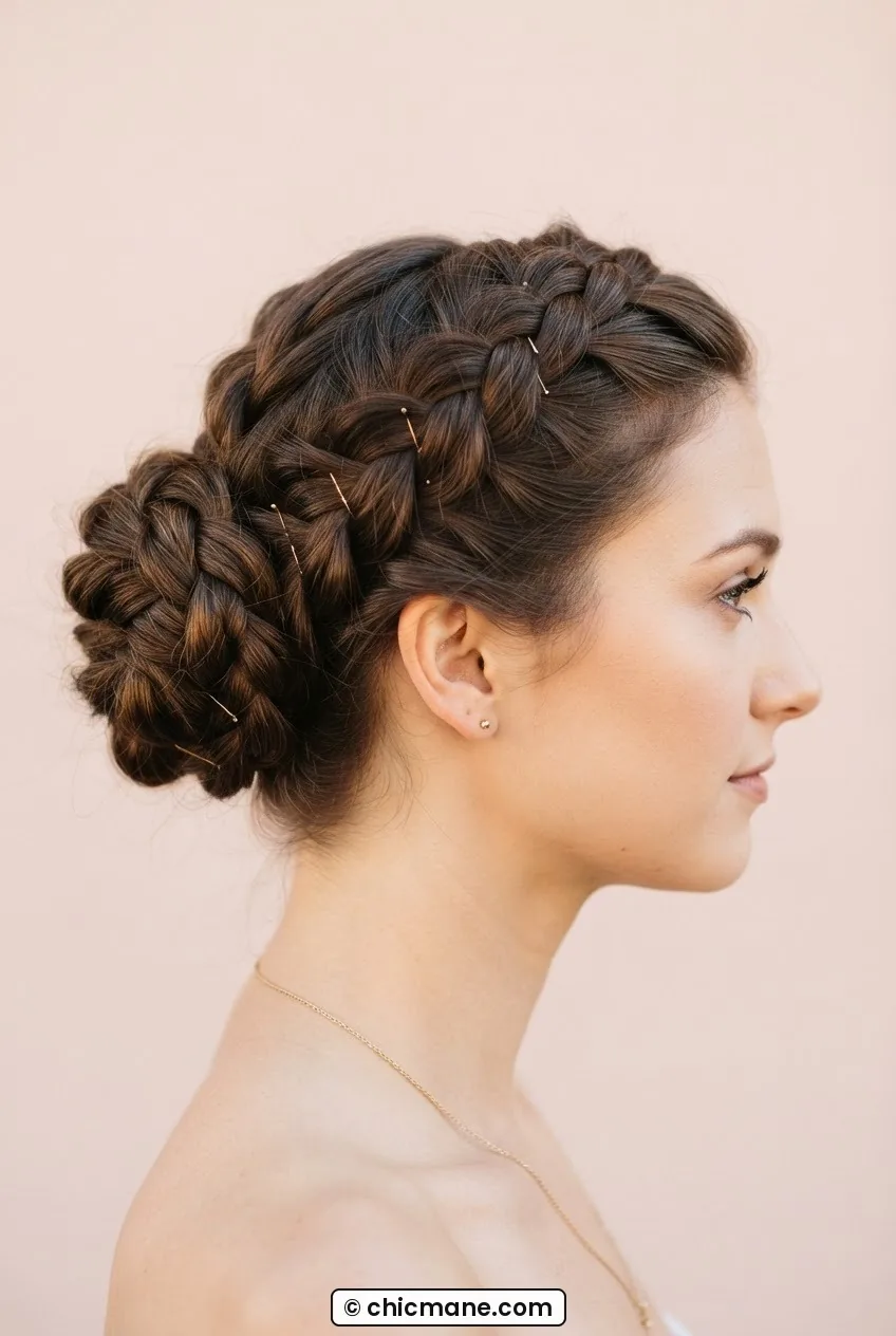 Woman wearing a braided crown bun with Dutch braid coiled and pinned, braid texture clearly visible in side profile