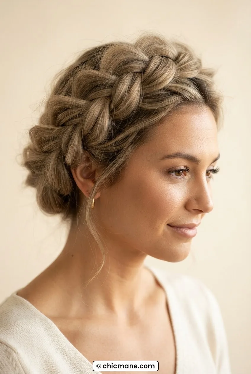 Woman with a braided crown, braid loops pulled wide and loose, soft warm diffused light showing plush dimensional texture