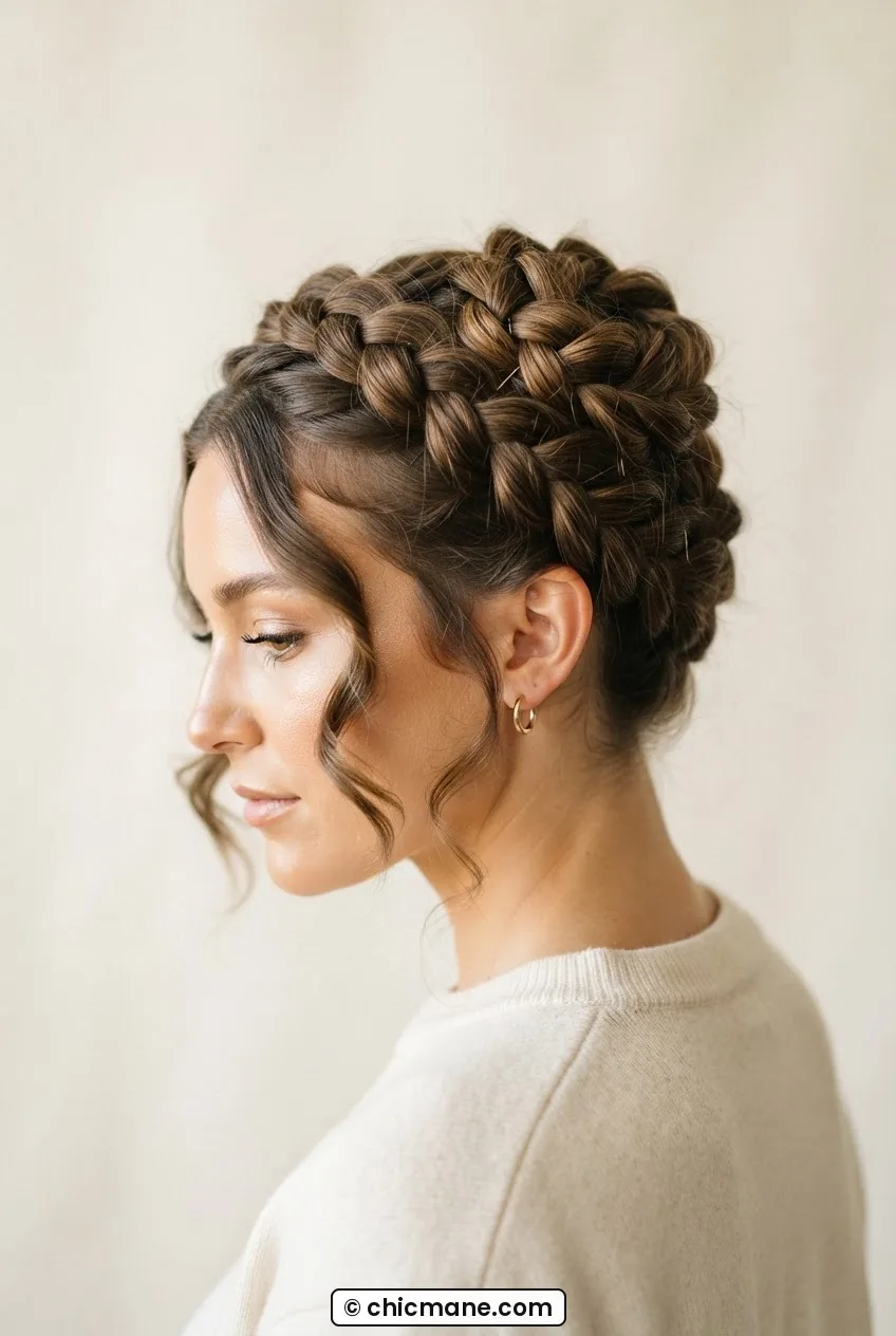 Woman with a braided crown wrap hairstyle showing Dutch braid texture with soft face-framing pieces at the temples