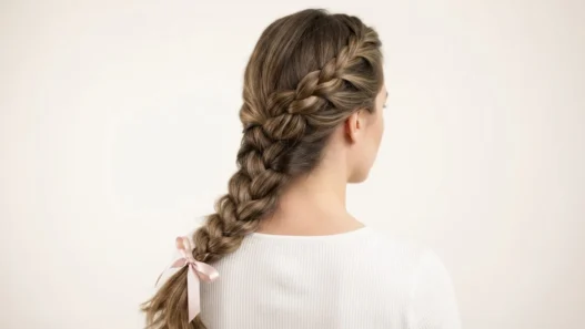 Back view of a woman with a loose three-strand side braid draped over shoulder against white backdrop in soft studio light