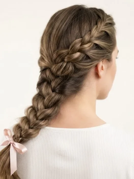 Back view of a woman with a loose three-strand side braid draped over shoulder against white backdrop in soft studio light