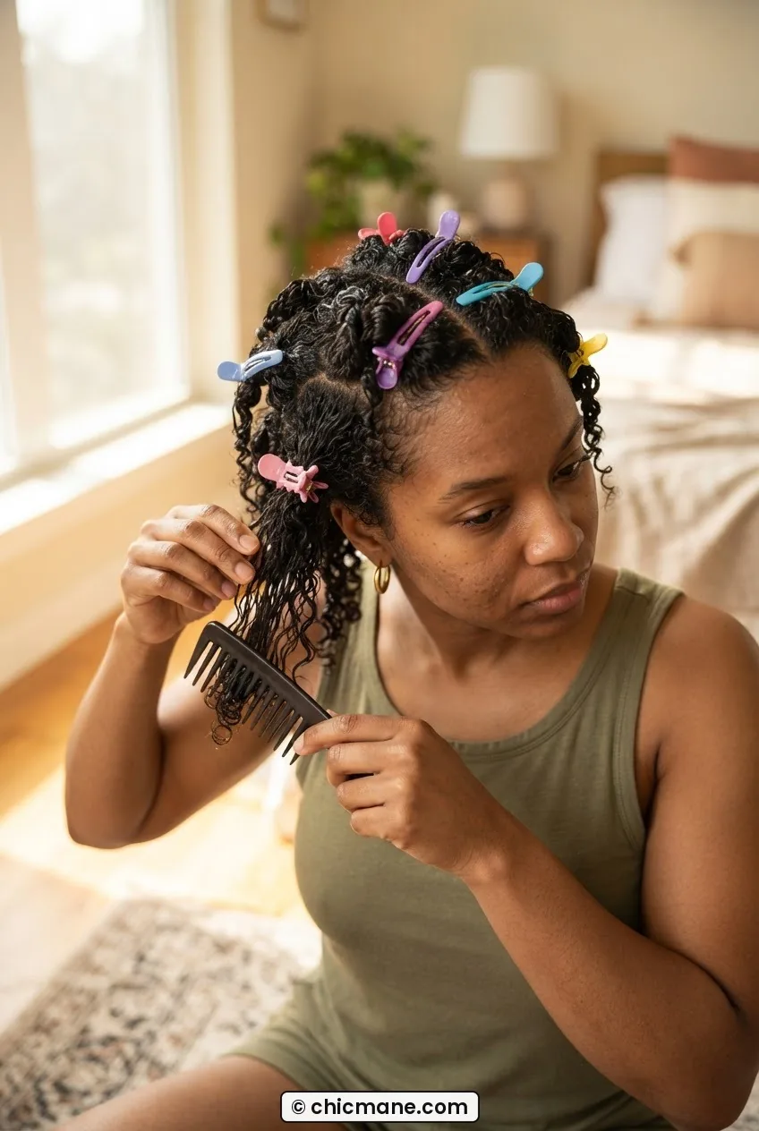 Woman using butterfly clips to organize wet 4C coily natural hair into multiple defined sections with wide-tooth comb in hand